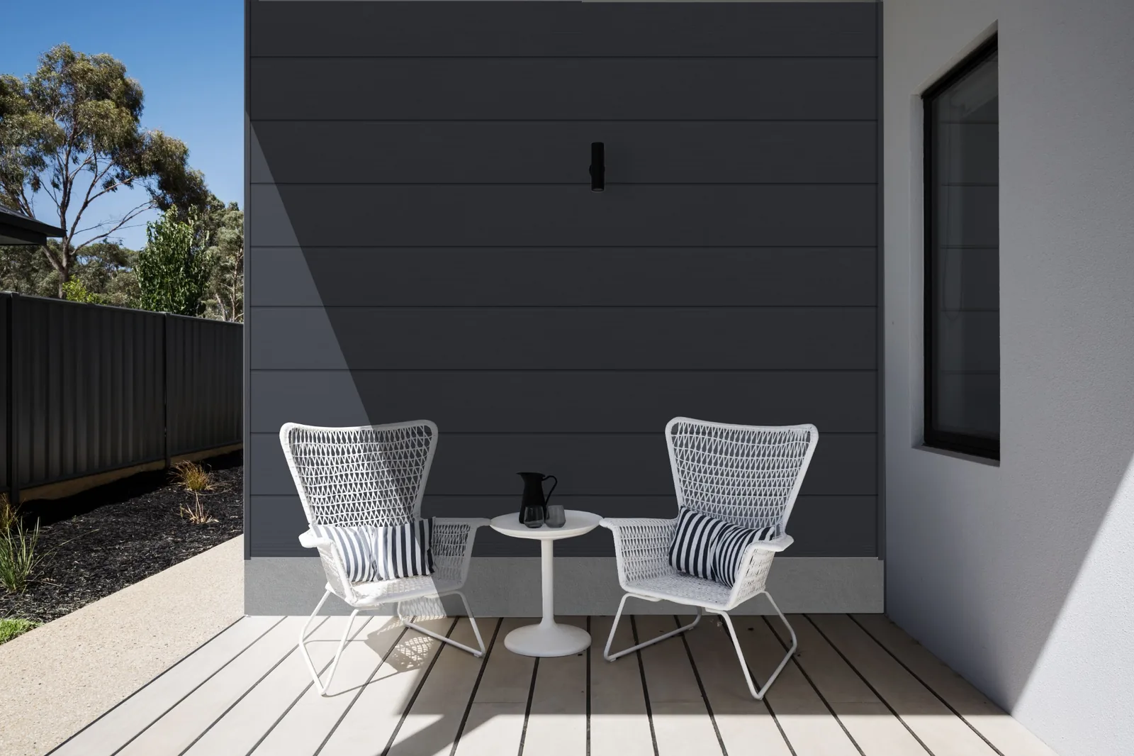 Horizontal slate grey Fortex Clic cladding on an exterior feature wall